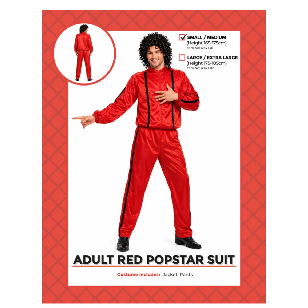 Adults Red Popstar Suit Costume pack showing sizes and contents