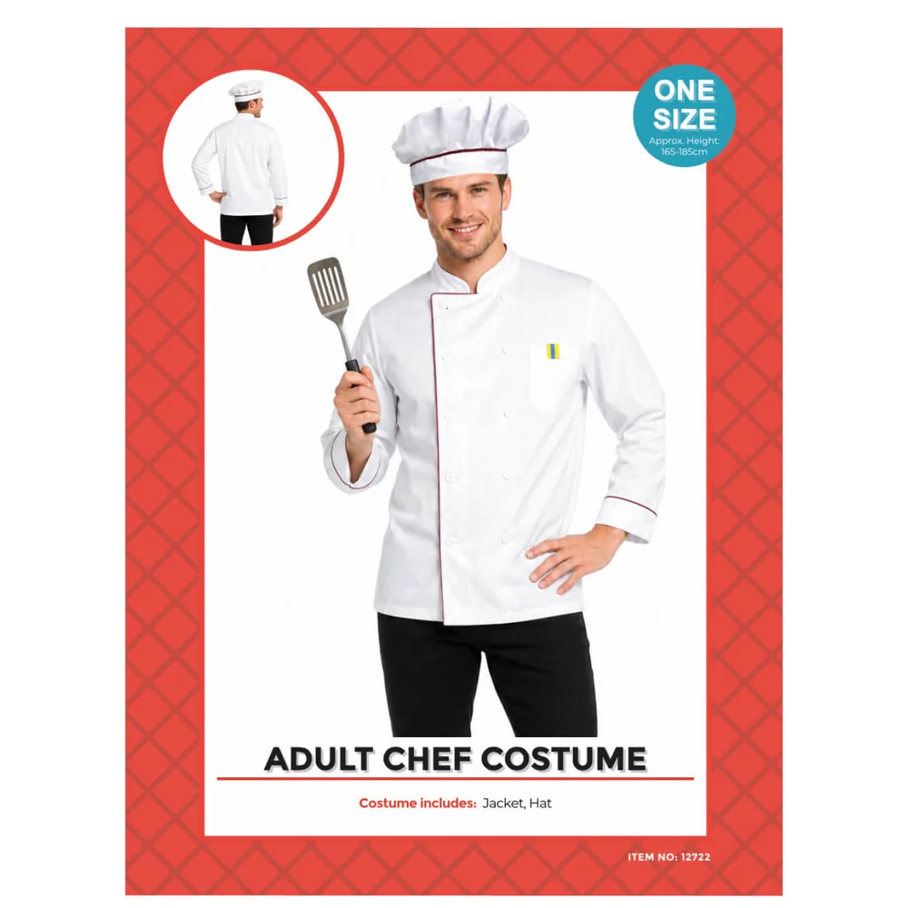 Adults Chef Jacket & Hat Costume pack showing sizes and contents