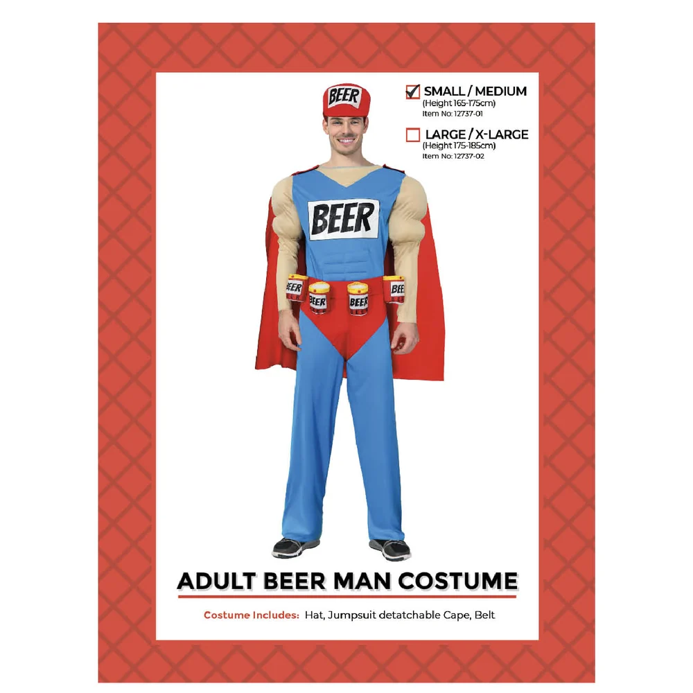 Adults Beer Superhero Costume pack showing sizes and contents