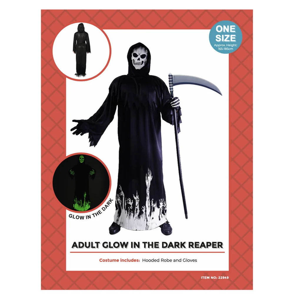 Adults Glow in the Dark Reaper Costume pack showing sizes and contents