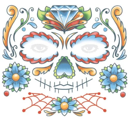 Candy skull full face temporary tattoo design with flowers and a forehead jewel