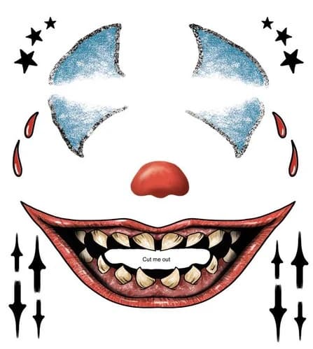 Creepy clown full face temporary tattoo design with a toothy grin and red nose