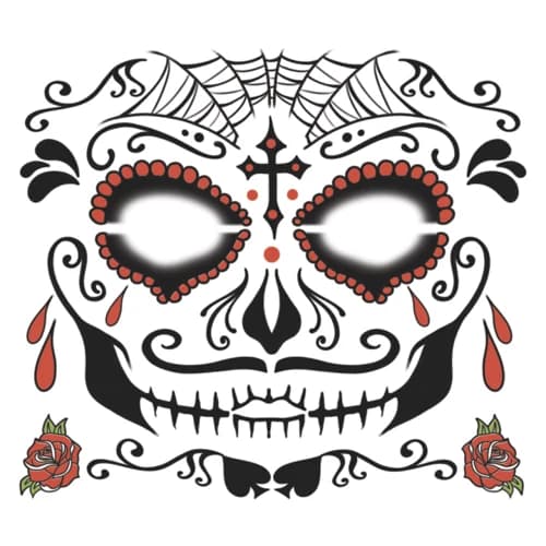 Sugar Man full face temporary tattoo design with roses and a forehead cross