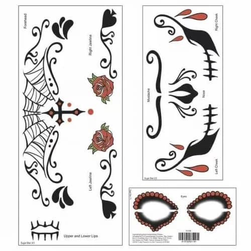 Sugar Man temporary tattoo sheet laid out in sections for each part of the face