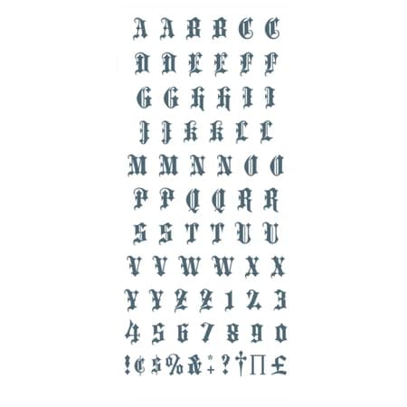 Old English alphabet temporary tattoo sheet with letters, numbers and symbols