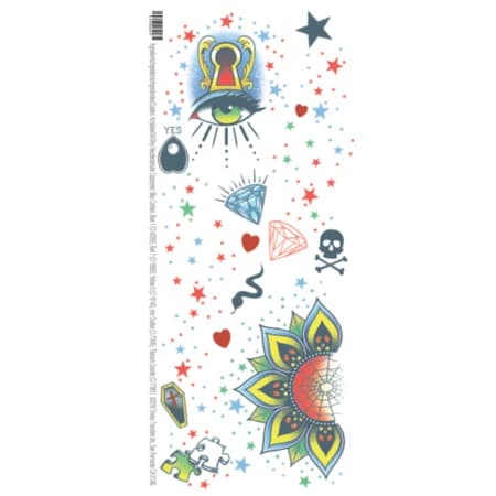 Illustrated character temporary tattoo sheet with stars, hearts, diamonds and a skull