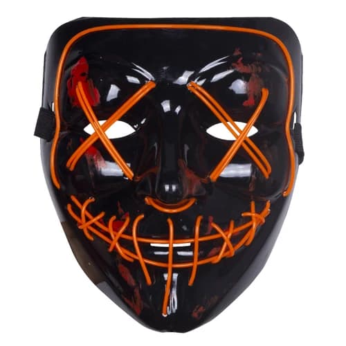 Black light-up stitched grin mask with orange light wire, unlit