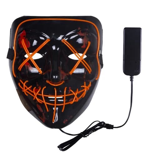 Light-up stitched grin mask with its battery box on a cable