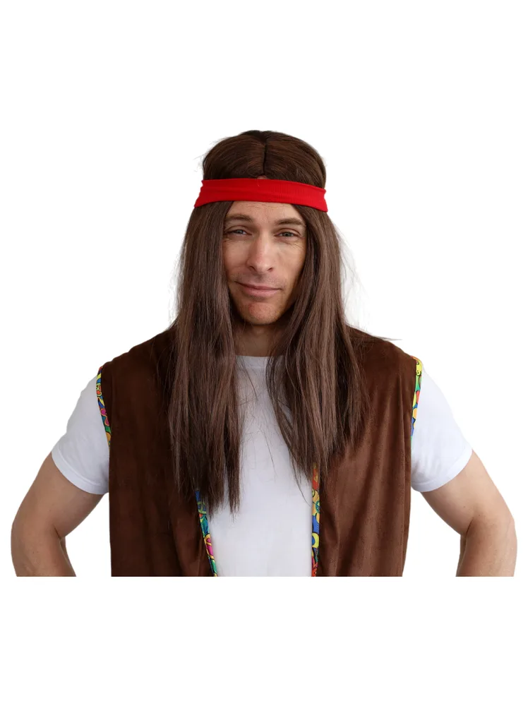 Men's long straight brown hippie wig