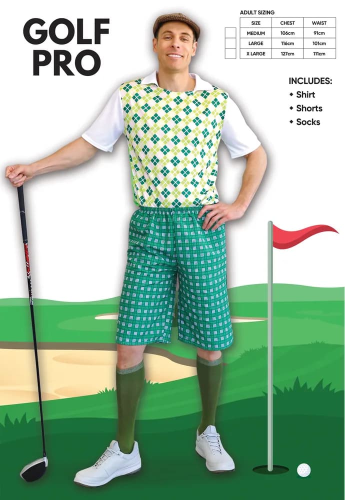 Adults Green Golf Pro Costume - pack card with includes list and size chart