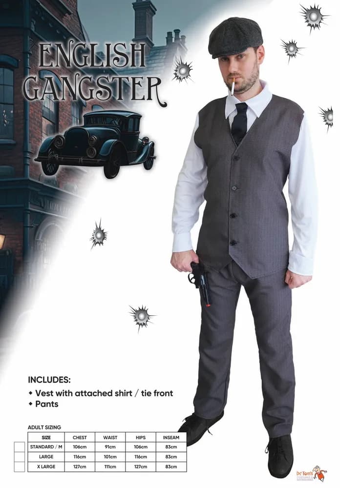 Adults 1920s English Gangster Costume - pack card with includes list and size chart