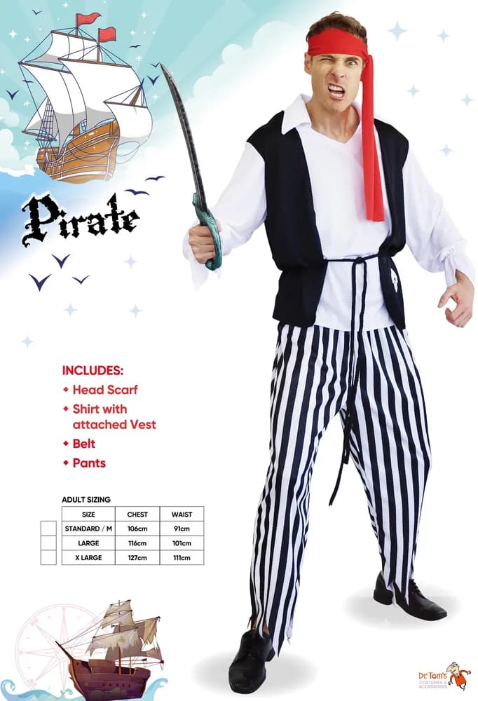 Adults Striped Pirate Costume - pack card with includes list and size chart