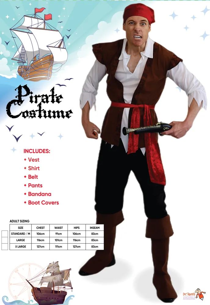 Adults Brown Pirate Costume with Boot Covers - pack card with includes list and size chart