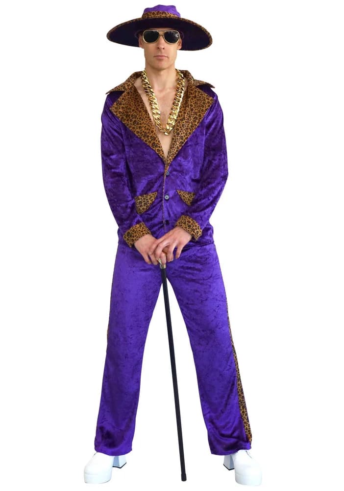 Purple pimp suit front view showing leopard-print pocket flaps and cuffs