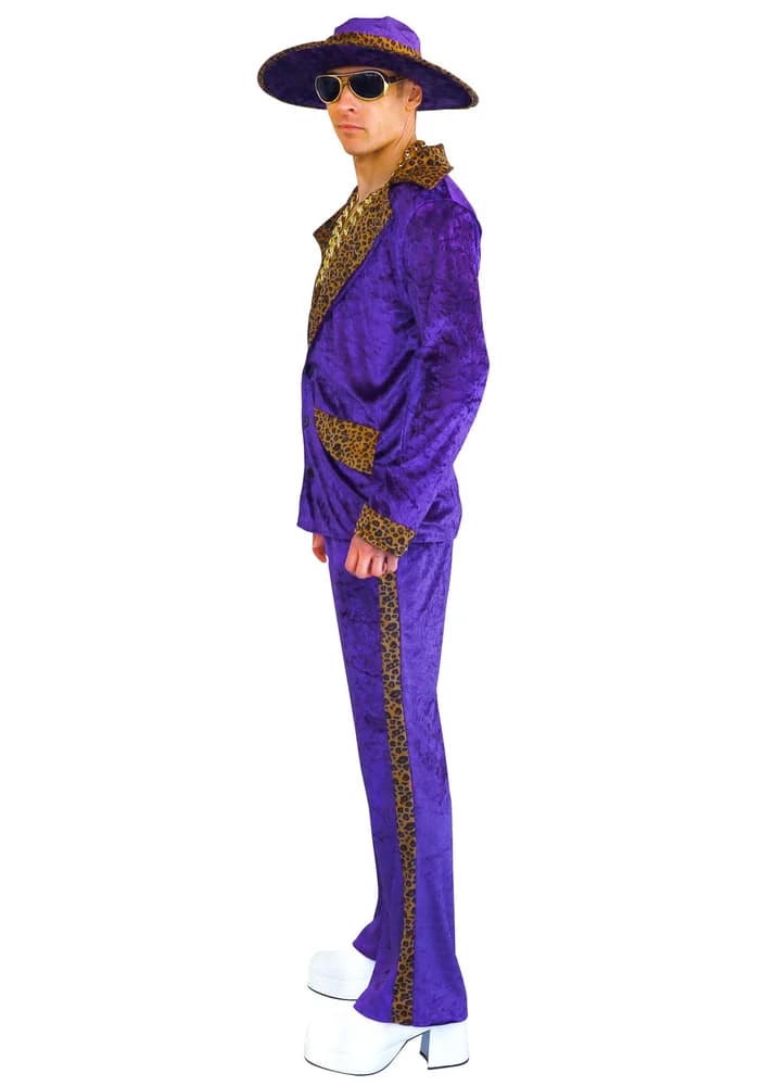 Purple pimp suit side view with leopard-print pant stripe