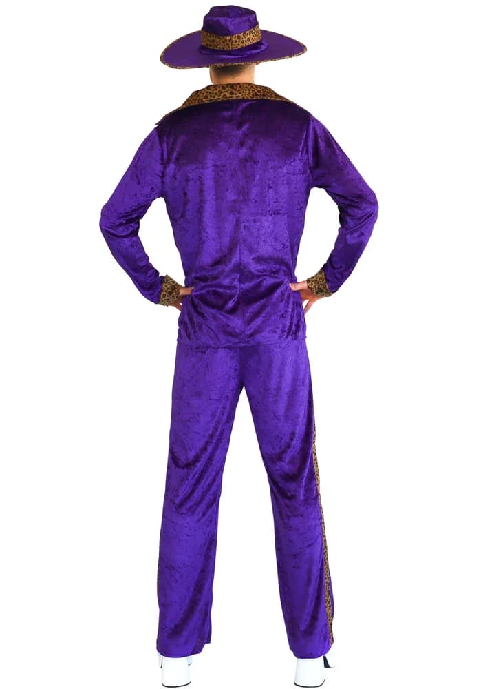 Purple pimp suit back view with leopard-print collar and hat band