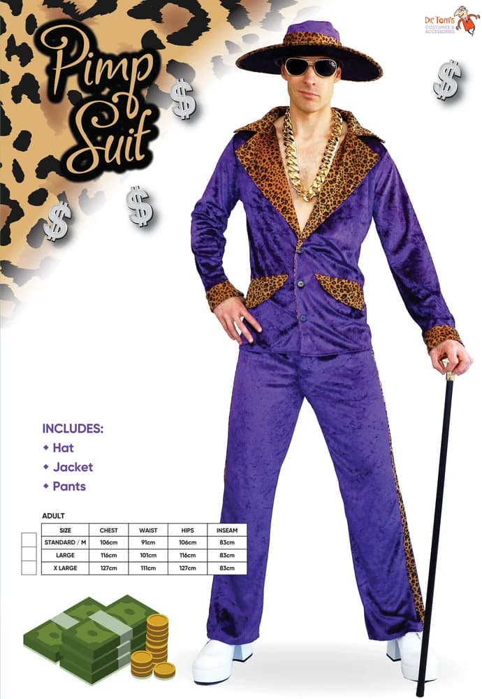 Purple pimp suit pack card with includes list and size chart