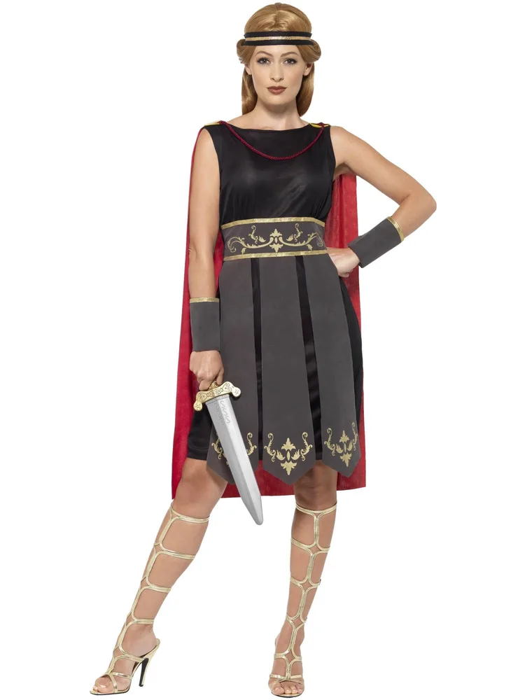 Women's Roman warrior costume - black dress with gold-trimmed grey tabard and red cape