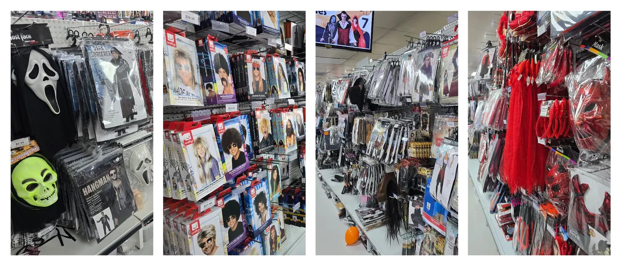Party store aisle collage with Halloween masks, wigs, costumes, and red accessories.
