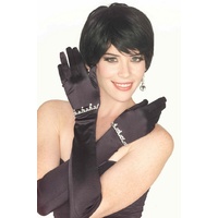 Long Black Satin Gloves with Rhinestones