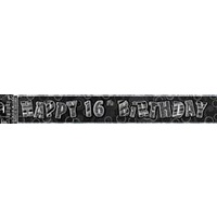 "Happy 16th Birthday" Glitz Black & Silver Foil Banner - 3.6m Long