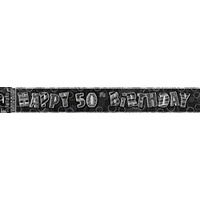 "Happy 50th Birthday" Glitz Black & Silver Foil Banner - 3.6m Long