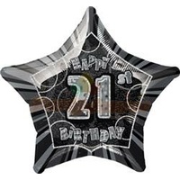 21st Birthday Star - Foil Balloon 50cm (Glitz Black and Silver)