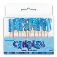 Happy Birthday Pick Candles - Blue Glitz