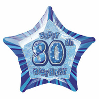 80th Birthday Star - Foil Balloon 50cm (Blue Glitz)
