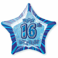 16th Birthday Star - Foil Balloon 50cm (Blue Glitz)