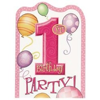 1st Birthday Party Pink Invitations - Pk 8**