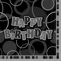 Black Glitz Happy Birthday Lunch Napkins - Pk 12