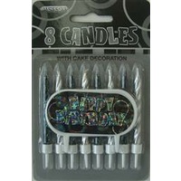 Black Glitz Candles with Cake Decoration - Pk 8