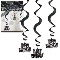 Happy Birthday Black Glitz Hanging Curls (66cm) - Pk 6