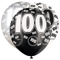 12in 100th Birthday Printed Balloons (Black Glitz) - Pk 6