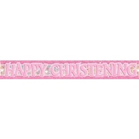 Happy Christening Pink Holographic Banner - 3.6m Long
