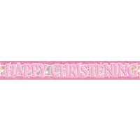 Happy Christening Pink Holographic Banner - 3.6m Long