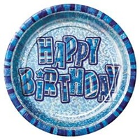 Glitz Blue 230 mm Happy Birthday Plates -Pk 6