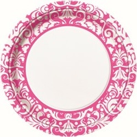 Pink Damask Paper Plates - 9in - Pk8
