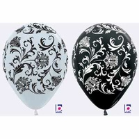 12" Pearl & Metallic Black & White Damask Printed Balloons - Pk50