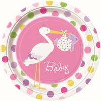 Baby Girl Stork 9" Lunch Plates - Pk 8