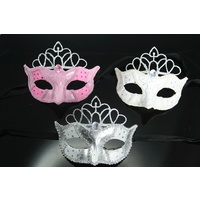 Masquerade Mask With Attached Silver Glitter Tiara - Silver
