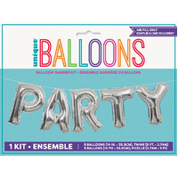 "PARTY" silver balloon banner kit.