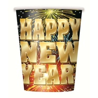 Happy New Year Fireworks Paper Cups (270ml) - Pk 8