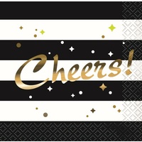 "Cheers!" Chic Gold/Black/White Stripe Paper Napkins - Pk 16