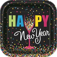 Confetti Happy New Year Square Paper Plates (17cm) - Pk 10