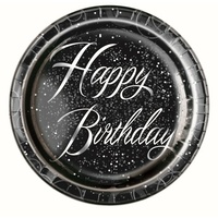 Black & Silver 9" Happy Birthday Glitz Dinner Plates - Pk 8
