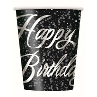 Black & Silver 9oz Happy Birthday Glitz Cups - Pk 8