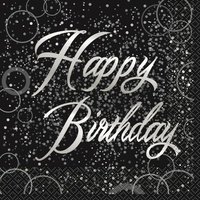Happy Birthday Black & Silver Glitz Lunch Napkins - Pk 16