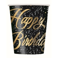 Black & Gold 9oz Happy Birthday Glitz Cups - Pk 8